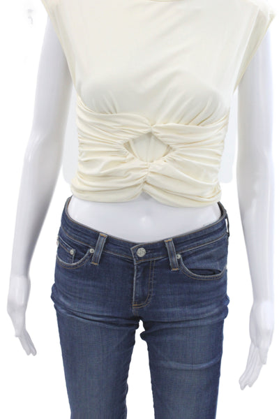 Magda Butrym Womens Cropped Jersey Crew Neck Short Sleeve Top Beige Size 36