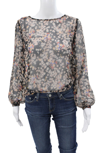 MNG Casual Women Bohemian Black Floral Round Neck Long Sleeve Blouse Size 2