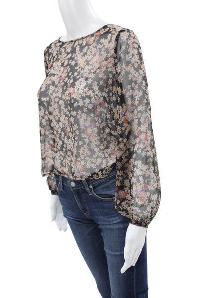 MNG Casual Women Bohemian Black Floral Round Neck Long Sleeve Blouse Size 2