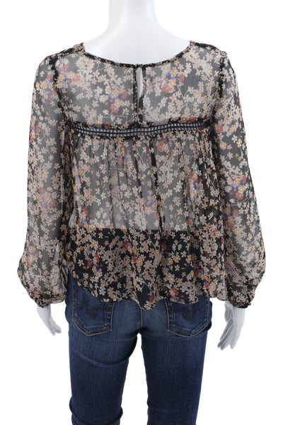 MNG Casual Women Bohemian Black Floral Round Neck Long Sleeve Blouse Size 2