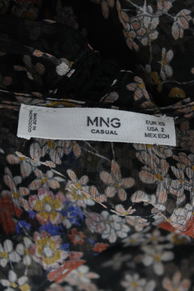 MNG Casual Women Bohemian Black Floral Round Neck Long Sleeve Blouse Size 2