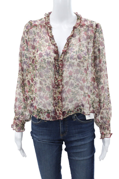 Zara Womens Bohemian V-Neck Floral Button Long Sleeve Blouse Size XS
