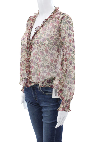 Zara Womens Bohemian V-Neck Floral Button Long Sleeve Blouse Size XS