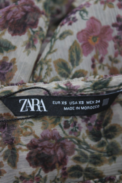 Zara Womens Bohemian V-Neck Floral Button Long Sleeve Blouse Size XS