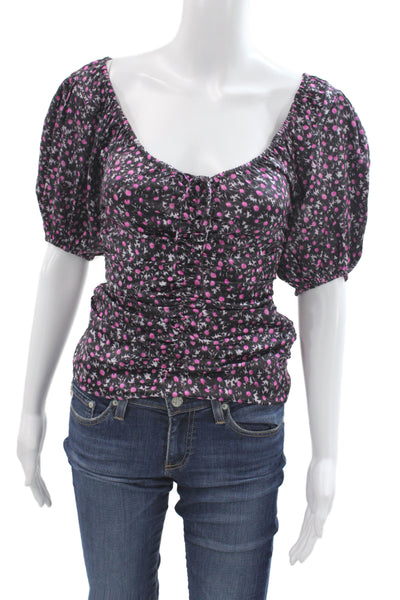 Ganni Womens Black Floral Square Neck Silk Blend Short Sleeve Blouse Size 32