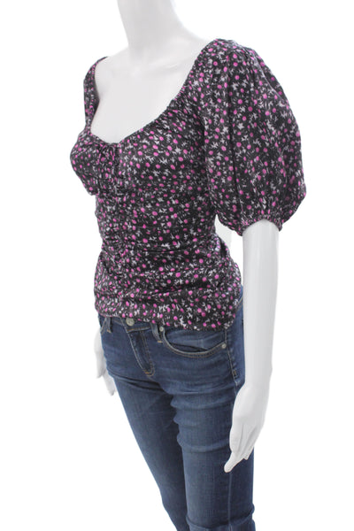 Ganni Womens Black Floral Square Neck Silk Blend Short Sleeve Blouse Size 32