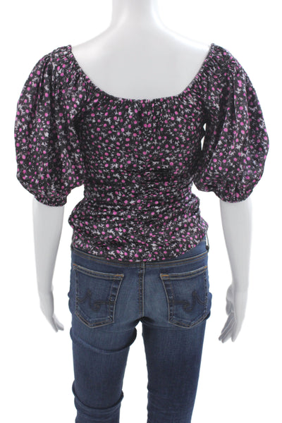 Ganni Womens Black Floral Square Neck Silk Blend Short Sleeve Blouse Size 32