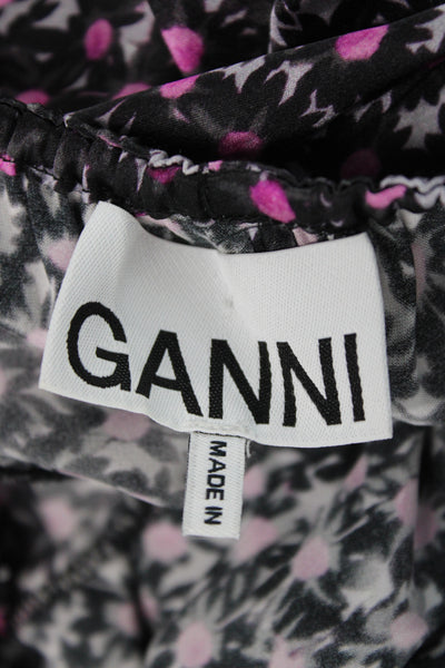 Ganni Womens Black Floral Square Neck Silk Blend Short Sleeve Blouse Size 32
