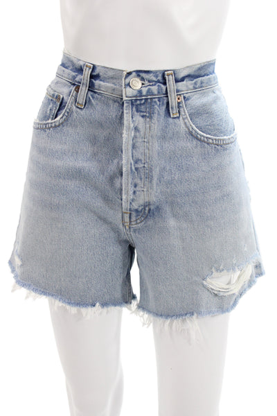 Agolde Unisex Light Blue Organic Cotton Solid Button 90s Shorts Size 28