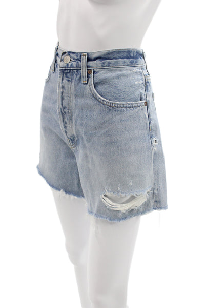 Agolde Unisex Light Blue Organic Cotton Solid Button 90s Shorts Size 28