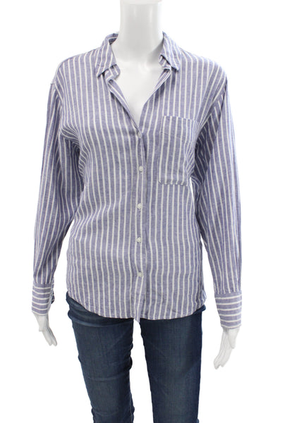 Zara Women Basic Blue Striped Cotton Collared Button-Up Long Sleeve Size XS