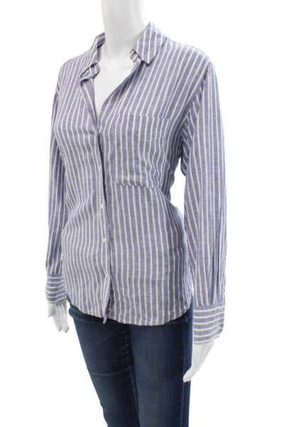 Zara Women Basic Blue Striped Cotton Collared Button-Up Long Sleeve Size XS