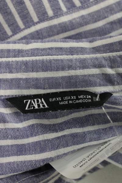 Zara Women Basic Blue Striped Cotton Collared Button-Up Long Sleeve Size XS
