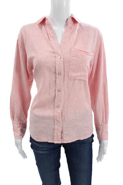 Zara Women Pink Basic Collared Button-Up Blouse Long Sleeve Linen Blend Size XS