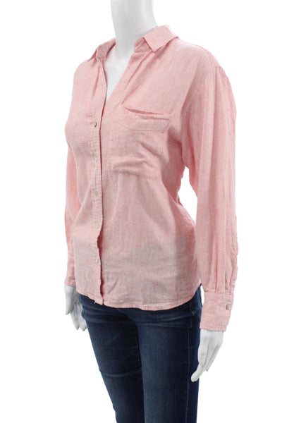 Zara Women Pink Basic Collared Button-Up Blouse Long Sleeve Linen Blend Size XS