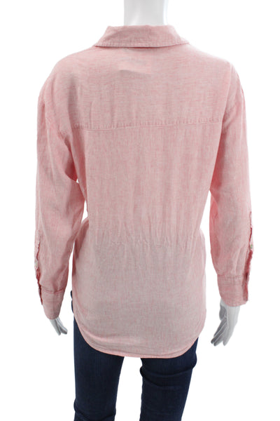 Zara Women Pink Basic Collared Button-Up Blouse Long Sleeve Linen Blend Size XS