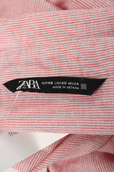 Zara Women Pink Basic Collared Button-Up Blouse Long Sleeve Linen Blend Size XS