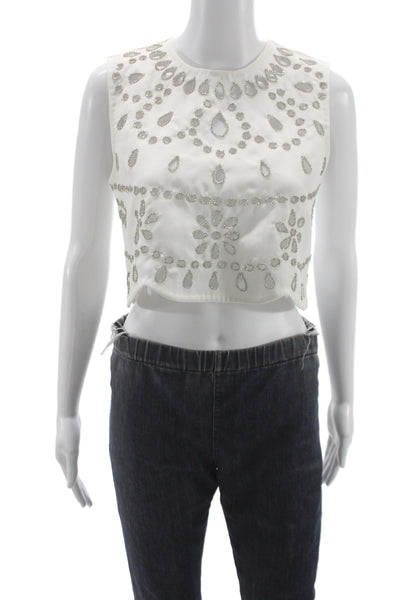 Alexis Womens Cropped Sleeveless Blouse White Round Neck Poly Cotton Size M