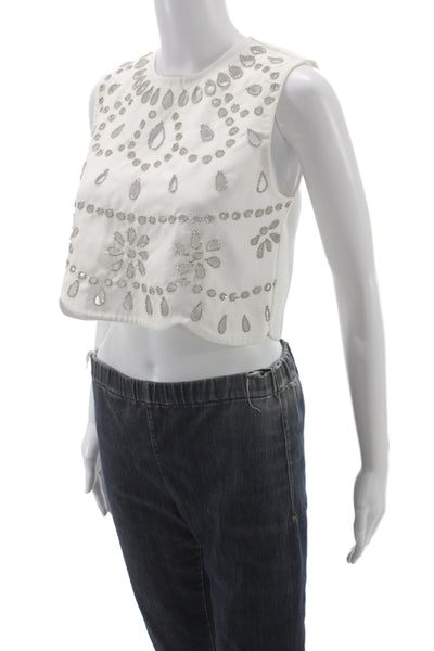 Alexis Womens Cropped Sleeveless Blouse White Round Neck Poly Cotton Size M