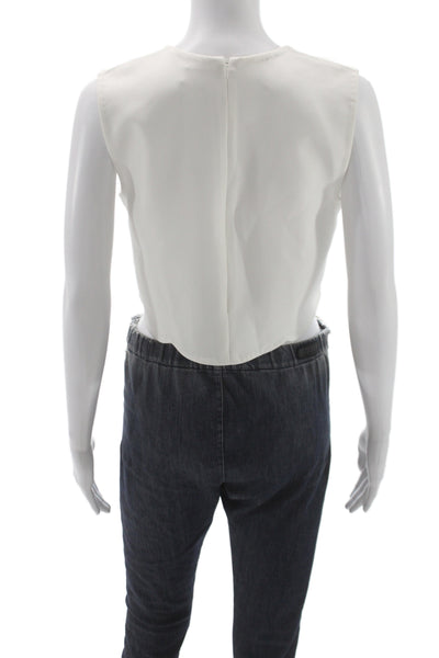 Alexis Womens Cropped Sleeveless Blouse White Round Neck Poly Cotton Size M