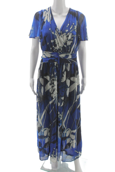 DKNY Womens Maxi Wrap Dress Blue Floral V Neck Short Sleeve Size 10