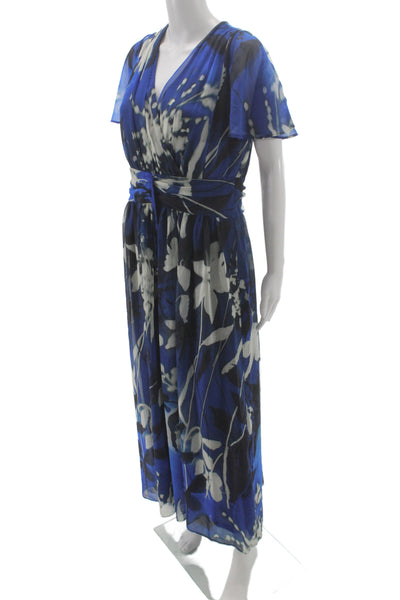 DKNY Womens Maxi Wrap Dress Blue Floral V Neck Short Sleeve Size 10