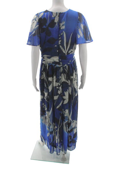 DKNY Womens Maxi Wrap Dress Blue Floral V Neck Short Sleeve Size 10
