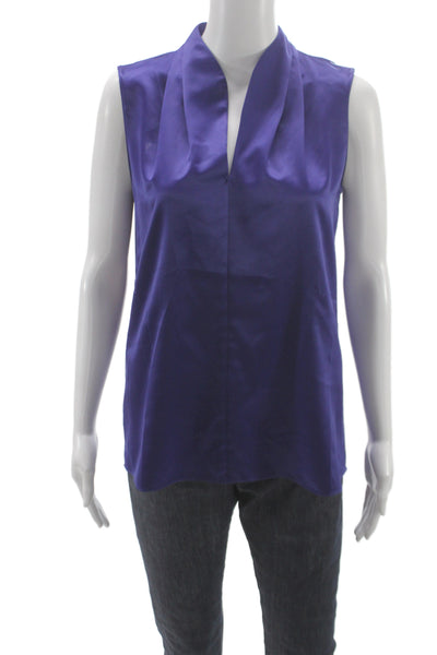 Elie Tahari Women Purple Mock Neck Sleeveless Blouse Tencel Cotton Size S