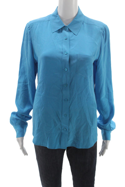 Equipment Femme Womens Silk Collared Long Sleeve Button Up Blouse Blue Size S