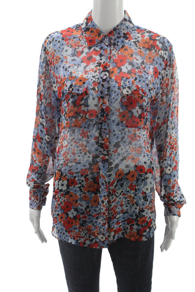 Equipment Femme Women Collared Blue Floral Button-Up Blouse Long Sleeve Size S