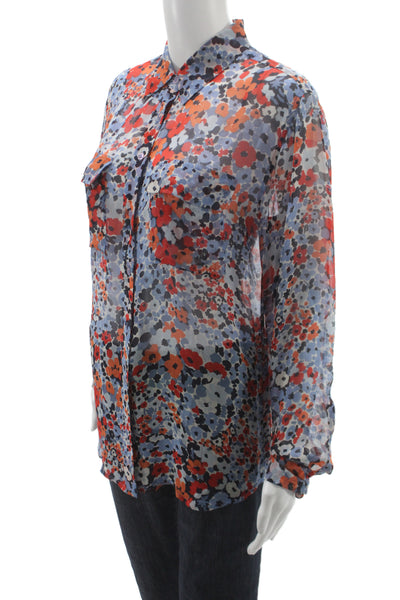 Equipment Femme Women Collared Blue Floral Button-Up Blouse Long Sleeve Size S