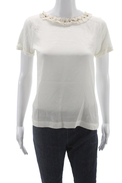 Maje Women 100% Silk Short Sleeve Round Neck White Blouse Size 2
