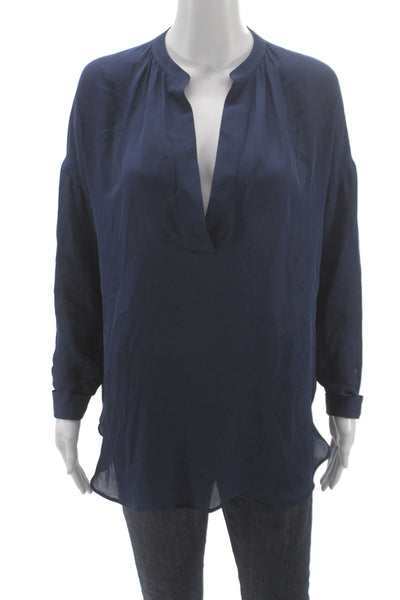 Vince Women Tunic Blouse Dark Blue Silk Long Sleeve Solid Size XS