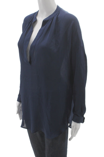 Vince Women Tunic Blouse Dark Blue Silk Long Sleeve Solid Size XS