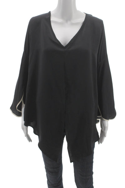 Aum-Couture Women Kimono Blouse Black 100% Silk V-Neck Long Sleeve Size M