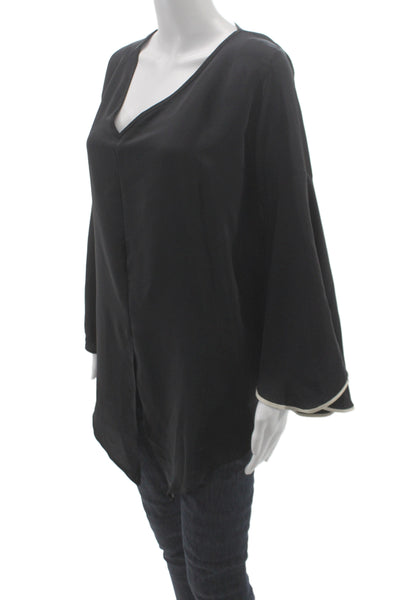 Aum-Couture Women Kimono Blouse Black 100% Silk V-Neck Long Sleeve Size M