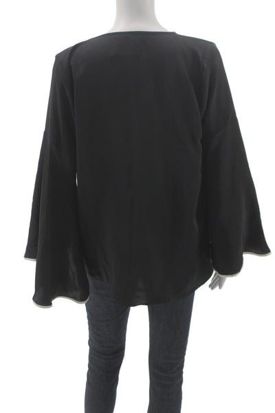 Aum-Couture Women Kimono Blouse Black 100% Silk V-Neck Long Sleeve Size M
