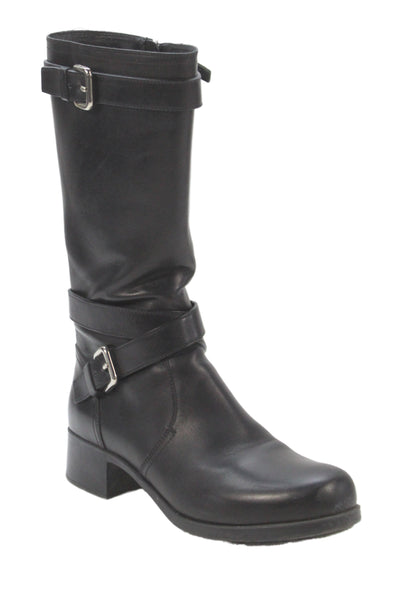 Prada Womens Leather Double Buckle Detail Midi Boots Shoes Black Size 6.5