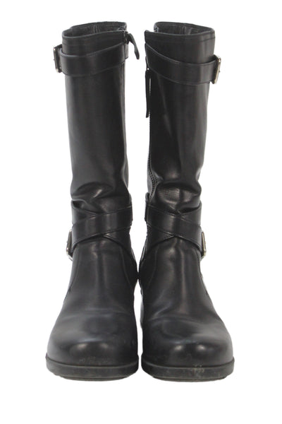 Prada Womens Leather Double Buckle Detail Midi Boots Shoes Black Size 6.5