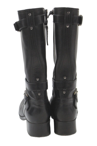 Prada Womens Leather Double Buckle Detail Midi Boots Shoes Black Size 6.5