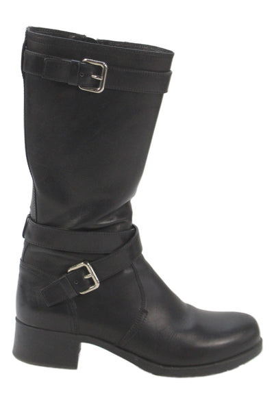 Prada Womens Leather Double Buckle Detail Midi Boots Shoes Black Size 6.5