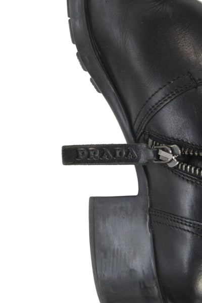 Prada Womens Leather Double Buckle Detail Midi Boots Shoes Black Size 6.5