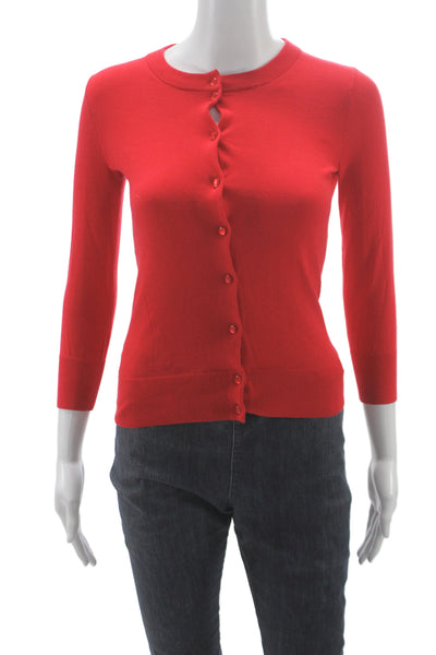 J Crew Womens Cardigan Red 100% Cotton Crew Neck 3/4 Sleeve Button Size XS