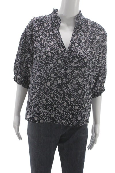 Xirena Women Black Floral V-Neck Bohemian Cotton Blouse 3/4 Sleeve Size M