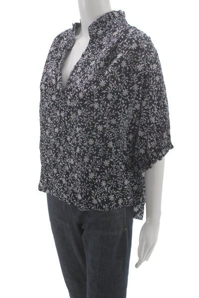 Xirena Women Black Floral V-Neck Bohemian Cotton Blouse 3/4 Sleeve Size M