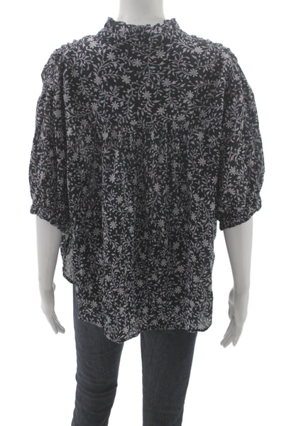 Xirena Women Black Floral V-Neck Bohemian Cotton Blouse 3/4 Sleeve Size M