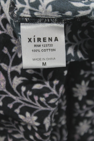 Xirena Women Black Floral V-Neck Bohemian Cotton Blouse 3/4 Sleeve Size M