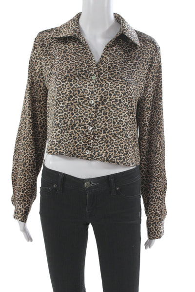 Rachel Zoe Women Cropped Leopard Button Up Collared Long Sleeve Blouse Size M