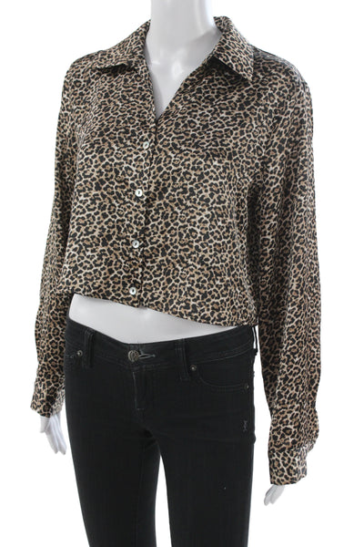 Rachel Zoe Women Cropped Leopard Button Up Collared Long Sleeve Blouse Size M