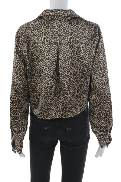 Rachel Zoe Women Cropped Leopard Button Up Collared Long Sleeve Blouse Size M